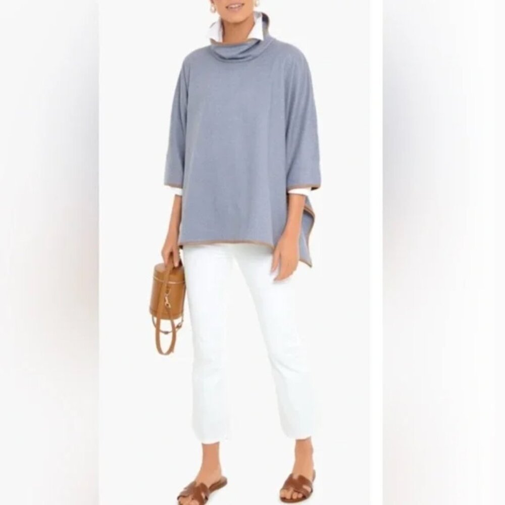 TUCKERNUCK Womens Slate Blue Leather Trim Funnel Neck Piper Poncho Gray One Size - Picture 6 of 6
